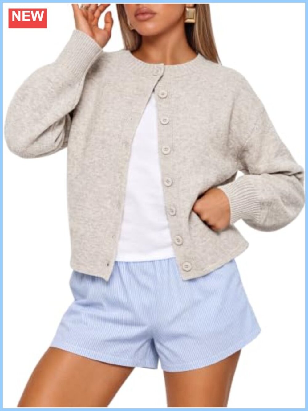 Loose Fit Button Down Puff Sleeve Cardigan Sweater